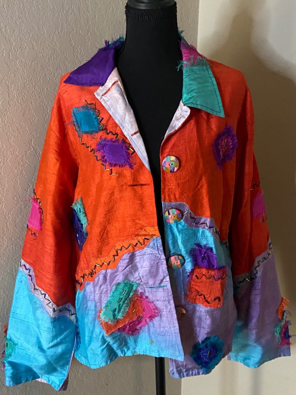 Legacy 100% Silk Patchwork Fringe Jacket XL Orange Blue Art To Wear Boho